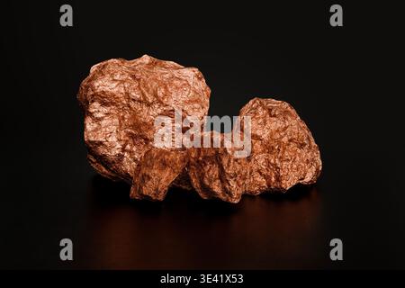 Raw Copper Nugget Mineral Specimen on Black Background Close Up. High quality photo Stock Photo