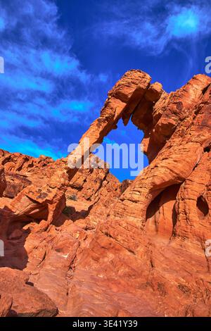 Elephant Rock Red Sandstone Formation and Blue Sky in Valley of Fire Nevada Stock Photo
