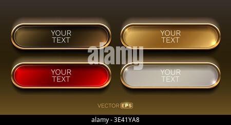Shiny metallic web buttons with golden frames in various colors, ideal for elegant user interface design. Vector illustration. Stock Vector