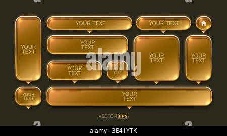 Luxury golden UI buttons and banners with various shapes. Modern web elements for design projects. Vector illustration Stock Vector