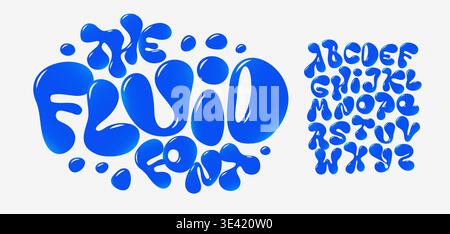 Blue Liquid Font Logo Alphabet Fluid Effect Letter Set Modern Typography, Creative Typographic Design for Playful Title Text, Water Fest Headline Stock Vector