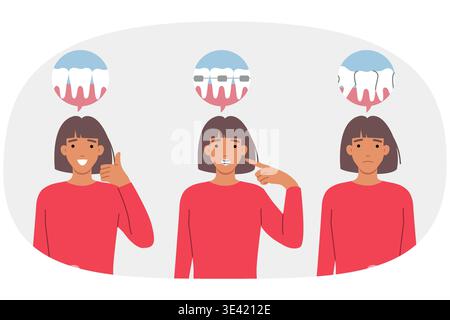 Using dental braces to get rid of crooked teeth and give woman beautiful, snow-white smile Stock Vector