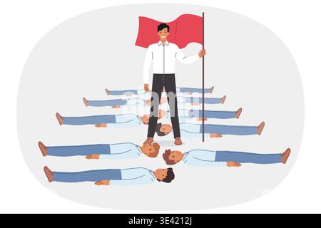 Businessman crushed competitors and holds red flag standing over exposed bodies of colleagues Stock Vector