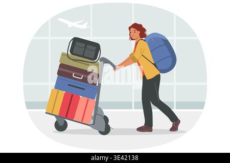 Woman tourist walks through airport with luggage bags in trolley, heading to check-in for flight Stock Vector