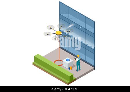 Isometric cleaning drone washing a tall glass facade while an operator controls the process from the ground. Modern service scene highlights automated Stock Vector