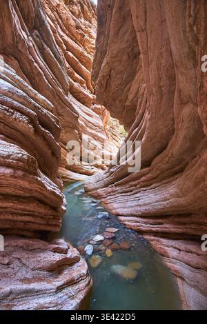 Slot Canyon Rock Formations and Water Pools in Desert Landscape Stock Photo