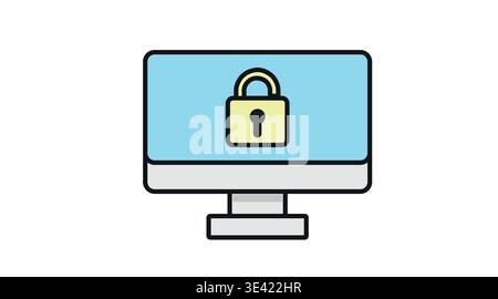 Desktop computer monitor icon with padlock on screen Stock Vector
