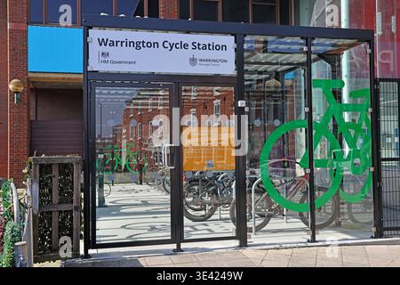 Warrington Cycle Station beside the bus interchange on Horsemarket Street, offering secure 24-hour cycle parking for 34 bikes. Stock Photo