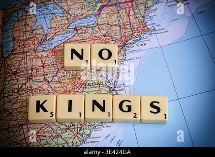 #NoKings No Kings anti-Trump marches and demonstrations - Virginia, New York, New Jersey, Buffalo, Kentucky on map with Scrabble Letters Stock Photo