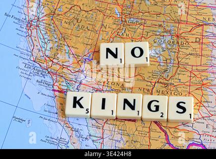 #NoKings No Kings anti-Trump marches and demonstrations - Los Angeles, San Francisco, Nevada, Arizona, Salt Lake City on map with Scrabble Letters Stock Photo