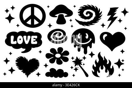 Sticker vector icon with retro groovy design for graphic flower y2k. Shape illustration set with sticker funky heart for vintage cloud smile. 70s Stock Vector