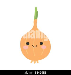 Onion cartoon illustration and food vector isolated with healthy plant vegetable. Cooking cute design and onion character icon with smile face cartoon Stock Vector