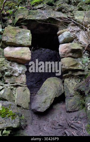 Stone wall with window from ruined building in Scotland UK, portrait orientation with copy space Stock Photo