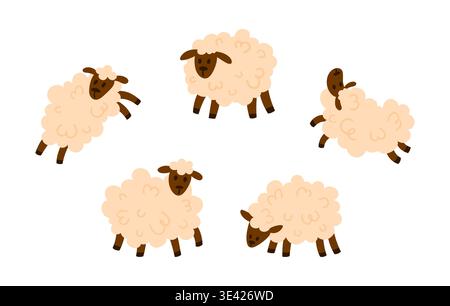 Set of cute white fluffy sheep with curly wool in different poses. Simple flat style, isolated on white. Great for farm, livestock, and nursery projects Stock Vector