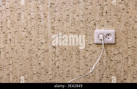 white double socket on a wall with wallpaper Stock Photo