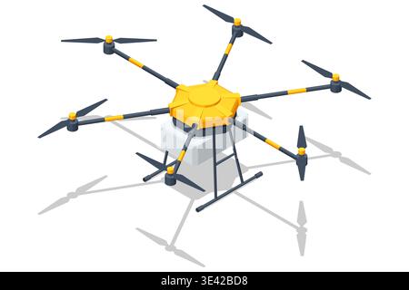 Isometric heavy lift multicopter drone with six rotors and central cargo module. Industrial unmanned aircraft concept represents freight transport Stock Vector