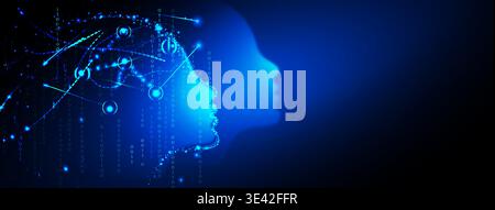 Abstract Artificial intelligence. Technology web background. Virtual concept. AI in humanoid head with neural network thinks Stock Vector