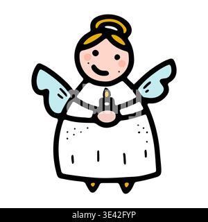 Cute doodle Christmas angel holding a candle. Hand-drawn festive vector illustration. Outline holiday character with wings, a halo, smiling face. Mini Stock Vector