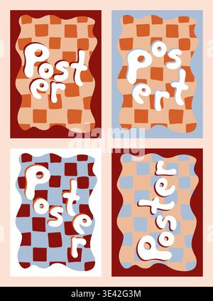 Color poster set. Aesthetics Printable Wall Art. Hand-drawn blue, peach, burgundy wave decor with lettering, squares background. Funky interior. Dopam Stock Vector