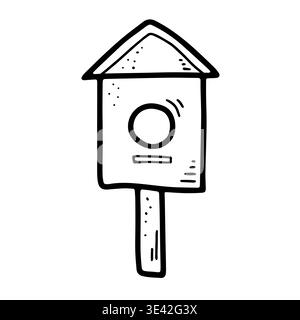 Doodle birdhouse on wooden pole. Hand drawn line nesting box isolated on white background. Garden decor for birds, spring, winter nature symbol. Minim Stock Vector