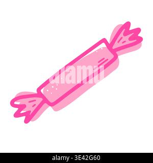 Doodle candy isolated on white background. Hand-drawn pink dessert. Outline festive sweet, chocolate, lollipop. Trick or treat sign. Wrapped caramel. Stock Vector