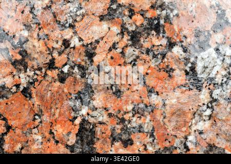 Polished red granite close-up showing speckled black, white and pink crystals. Natural stone texture ideal for countertops, flooring, wall cladding, a Stock Photo