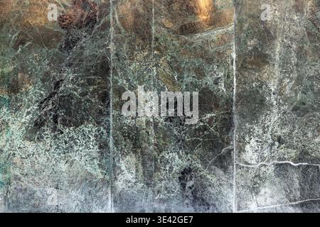 Green and black marble tile surface with pronounced stone veins, mottled patina and subtle reflections. An abstract, grungy background ideal for archi Stock Photo