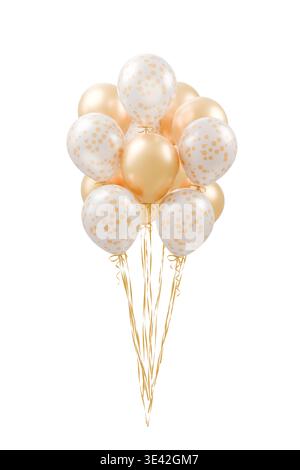 Glossy gold and white with polka dot pattern balloons on an isolated background. Balloon bunch of golden balloons. 3d rendering Stock Photo