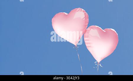 Two glossy heart balloons on a clear blue sky background. Shine through heart balloons. 3d rendering Stock Photo
