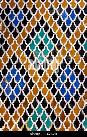 Panel of cut polychrome tiles (Zellige work) 14th century. from the Abu Inania Madrasa in Fez, Morocco. Musee Batha, Fez. Stock Photo