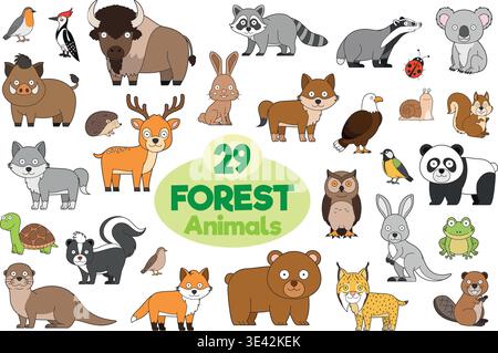 Set of 29 forest animals in cartoon style Vector Illustration Stock Vector