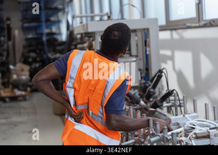 Worker with tension and back pain from manual labour in a factory environment, occupational safety and health risks in industrial settings. Stock Photo
