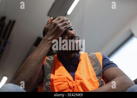 African American worker feeling overwhelmed and tired, taking a break from extreme job stress and burnout in an industrial storage warehouse. Stock Photo