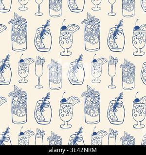 Blue line drawings show various cocktail glasses with garnishes on cream background. Each glass has unique decoration: cherry, citrus slices, mint, or Stock Vector