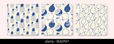 Three seamless patterns feature blue tropical fruits on cream backgrounds. Pineapple, pear, and fig motifs repeat in stylized, hand drawn designs Stock Vector