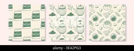 Three seamless patterns feature vintage tea-themed illustrations. Designs include teapots, cups, leaves, and biscuits. Soft green tones on cream backg Stock Vector