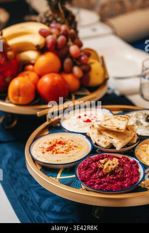Refined Mix Of Fruits And Dips. Stylish Brunch Offering With Fresh Fruits And Condiments Stock Photo