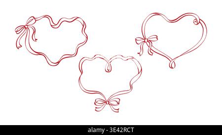 Set of colorful coquette ribbon heart shaped frames with bows in vintage doodle style. Valentines day, wedding elegant greeting cards template. Hand drawn vintage line art borders Stock Vector