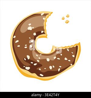 Flat vector illustration of bitten chocolate glazed donut with sprinkles Stock Vector