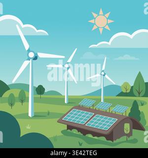 Renewable energy. Landscape with a solar panel and a windmill. Stock Vector