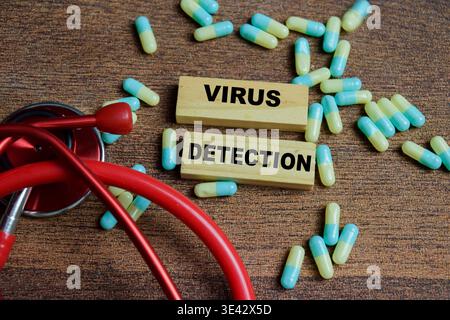 Concept of text virus detection on wooden blocks. Representing for healthcare and medical Stock Photo