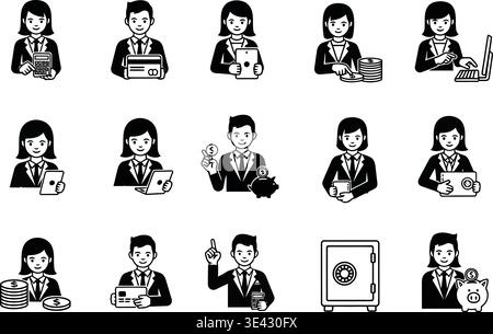 A collection of business people icons related to finance and banking Stock Vector