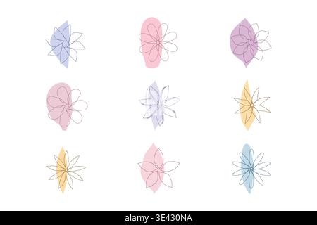 Nine abstract floral line art illustrations on a crisp white backdrop. Each delicate flower outline sits atop an organic, irregularly shaped pastel color wash in soft pink, blue, purple, or yellow. Stock Vector