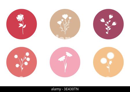 Six distinct white flower silhouettes are presented inside colorful pastel circles. Each circle features a unique floral cutout, creating a versatile graphic design element set for various projects. Stock Vector