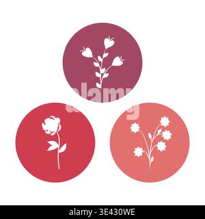 White cutout flowers are set inside three colorful circles. A maroon circle holds a plant with heart-shaped flowers. A red circle displays a single rose. Stock Vector