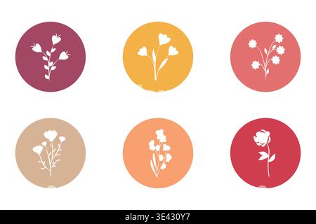 Six unique white flower silhouettes appear within individual solid colored circles on a white background. This decorative set features diverse plant designs and a range of vibrant colors. Stock Vector