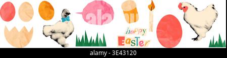 Easter chicken halftone collage elements set vector illustration Stock Vector