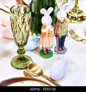 Easter eggs and bunnies on the dining table Stock Photo