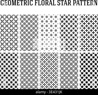 Geometric Floral Star Pattern Set, Bold Seamless Snowflake Asterisk Pinwheel Repeat Background, Monochrome Tile Print Surface Pattern Design Stock Vector