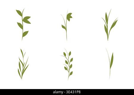 Six diverse green plant stem illustrations featuring various leaf and blade designs are neatly arranged on a clean white background. Stock Vector
